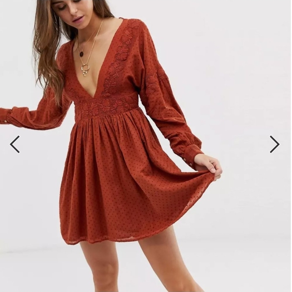 FREE PEOPLE Brown and Orange A-Line Plunge Dress